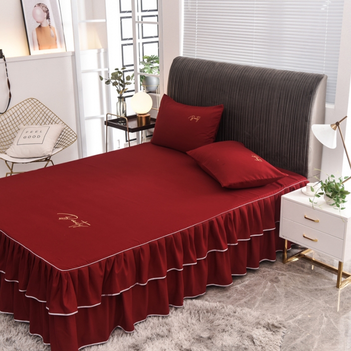 91家纺网 家纺一手货源 找家纺 金米诺 2020新款双层绣花床裙 深红