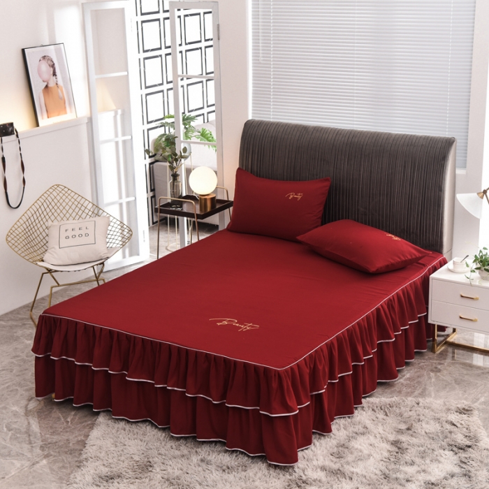 91家纺网 家纺一手货源 找家纺 金米诺 2020新款双层绣花床裙 深红