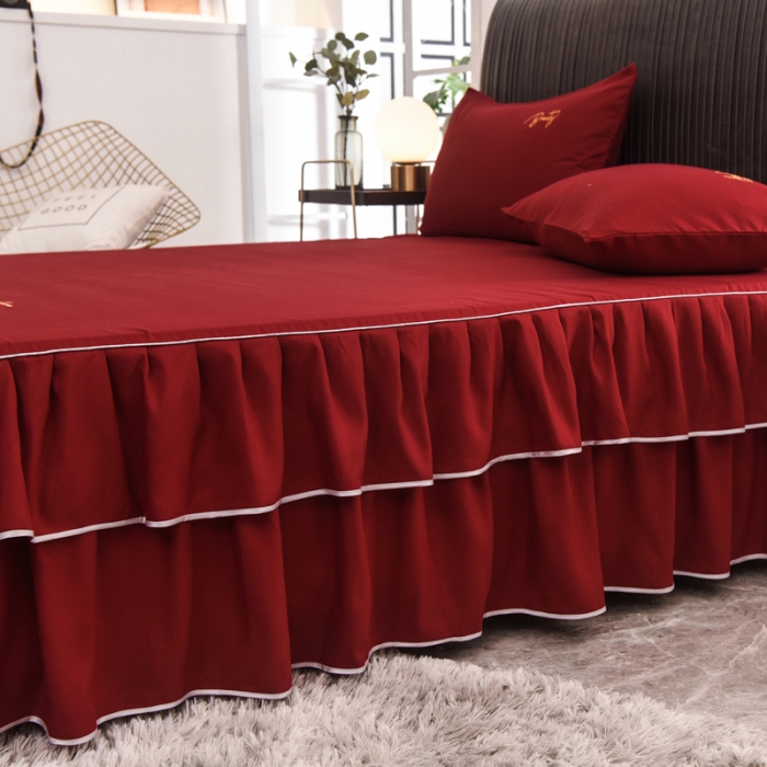 91家纺网 家纺一手货源 找家纺 金米诺 2020新款双层绣花床裙 深红