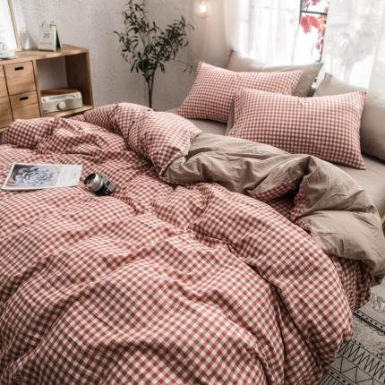 91家纺网 家纺一手货源 找家纺 佳梦达 2020新款色织全棉水洗双拼单被套 橙红小格