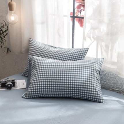 91家纺网 家纺一手货源 找家纺 佳梦达 2020新款色织全棉水洗双拼单枕套 浅蓝小格