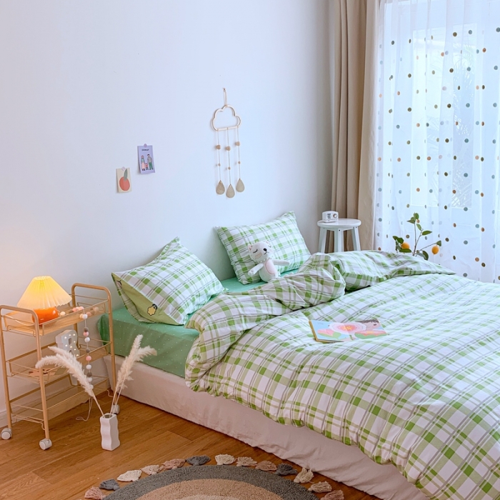 91家纺网 家纺一手货源 找家纺 星期八 2020新款全棉13070亲子四件套系列 绿格