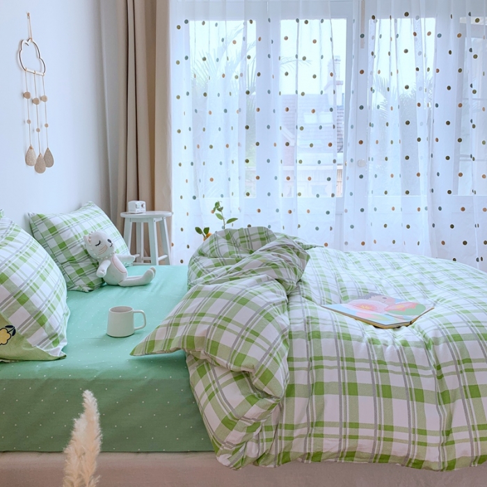 91家纺网 家纺一手货源 找家纺 星期八 2020新款全棉13070亲子四件套系列 绿格