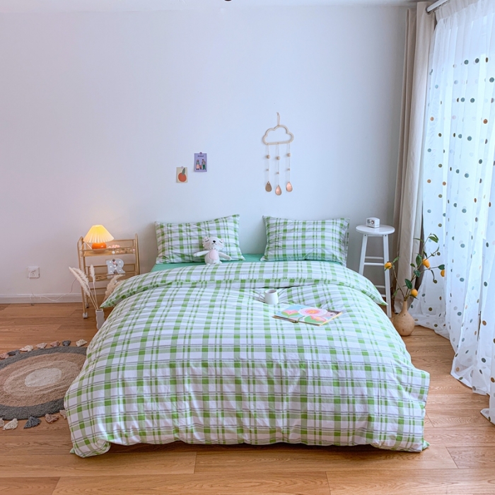 91家纺网 家纺一手货源 找家纺 星期八 2020新款全棉13070亲子四件套系列 绿格