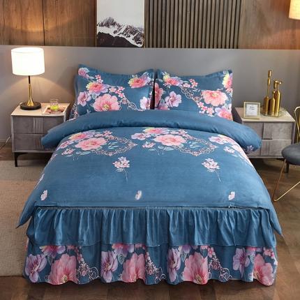 91家纺网 家纺一手货源 找家纺 梦柏 2020新款加厚磨毛四件套小版床裙款 春风里（粉）