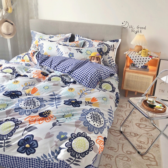 91家纺网 家纺一手货源 找家纺 赫然家纺 新款舒适柔软亲肤爆款芦荟棉四件套货源充足太阳花-蓝