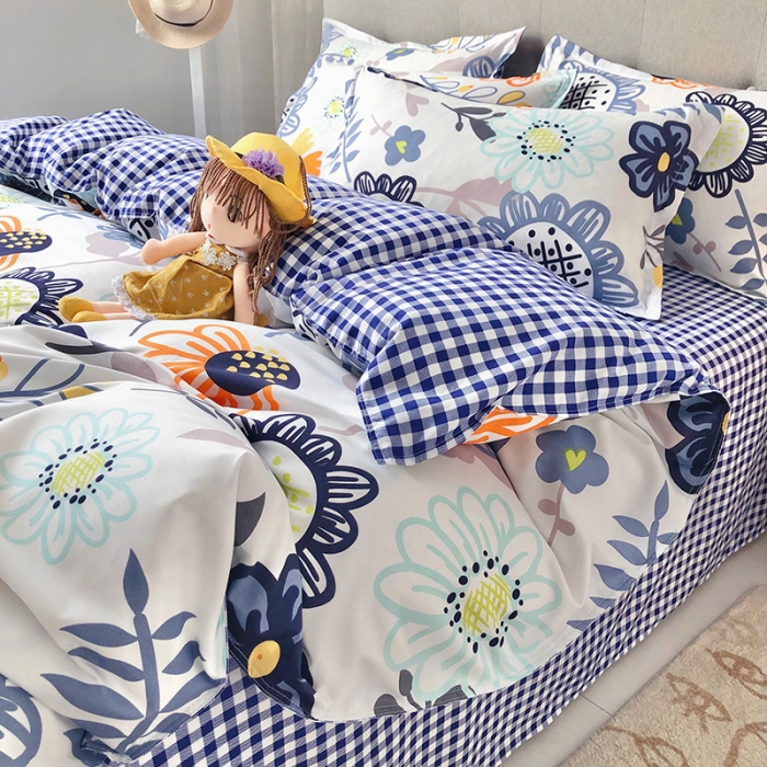 91家纺网 家纺一手货源 找家纺 赫然家纺 新款舒适柔软亲肤爆款芦荟棉四件套货源充足太阳花-蓝