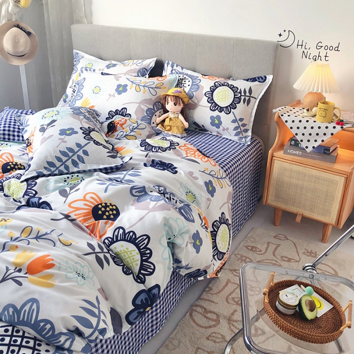 91家纺网 家纺一手货源 找家纺 赫然家纺 新款舒适柔软亲肤爆款芦荟棉四件套货源充足太阳花-蓝