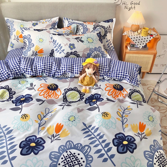 91家纺网 家纺一手货源 找家纺 赫然家纺 新款舒适柔软亲肤爆款芦荟棉四件套货源充足太阳花-蓝