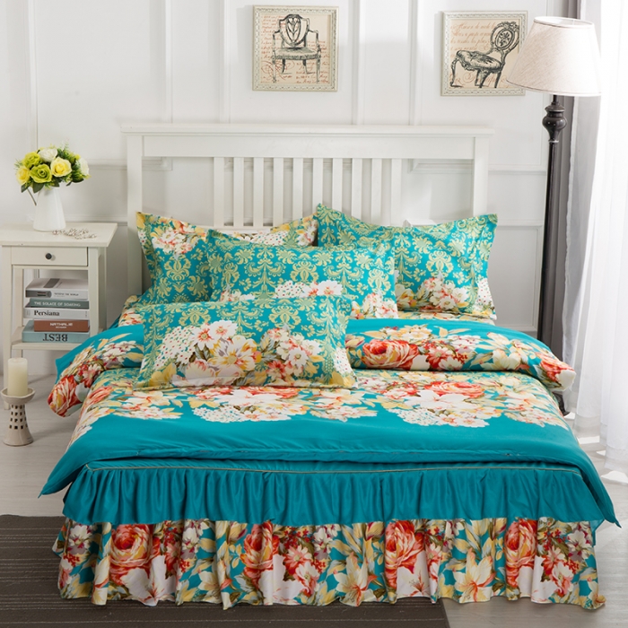 91家纺网 家纺一手货源 找家纺 梦柏 2020新款加厚磨毛四件套小版床裙款 蓝色花语