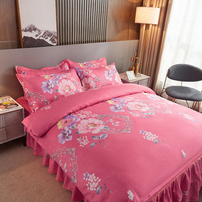 91家纺网 家纺一手货源 找家纺 梦柏 2020新款加厚磨毛四件套小版床裙款 牡丹仙子（粉）