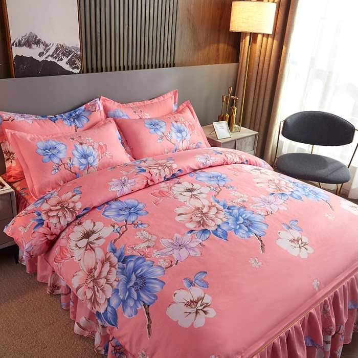 91家纺网 家纺一手货源 找家纺 梦柏 2020新款加厚磨毛四件套小版床裙款 幸福花开（粉）