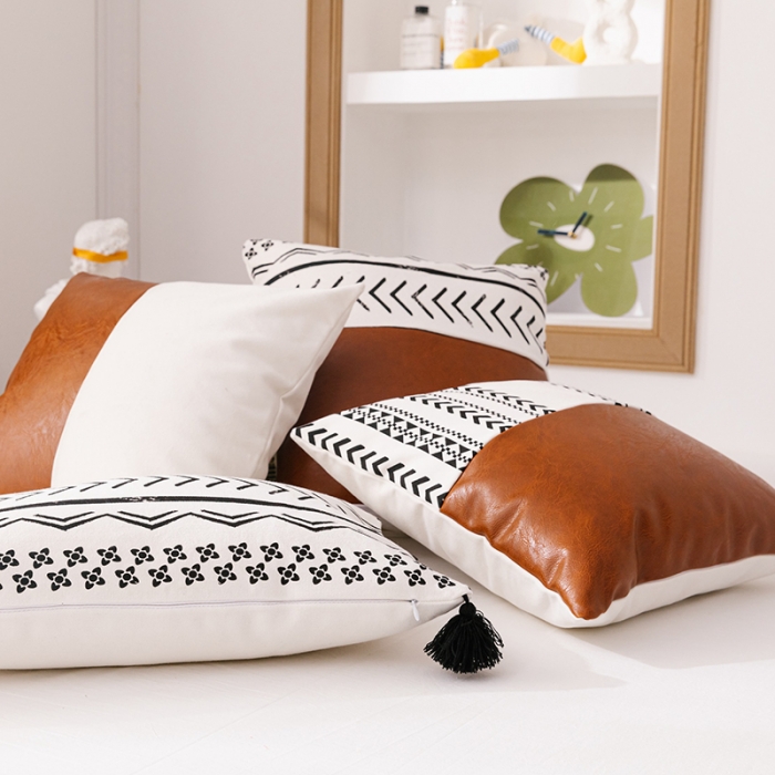 91家纺网 家纺一手货源 找家纺 （总）美茉家居跨境电商爆款皮革帆布拼接抱枕黑白印花可拆洗靠垫