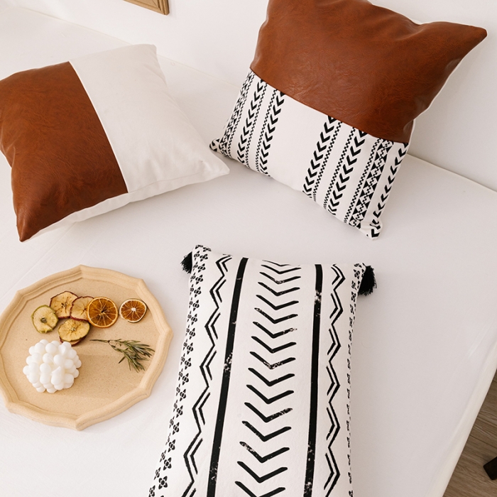 91家纺网 家纺一手货源 找家纺 美茉家居跨境电商爆款皮革帆布拼接抱枕黑白印花可拆洗靠垫 长物