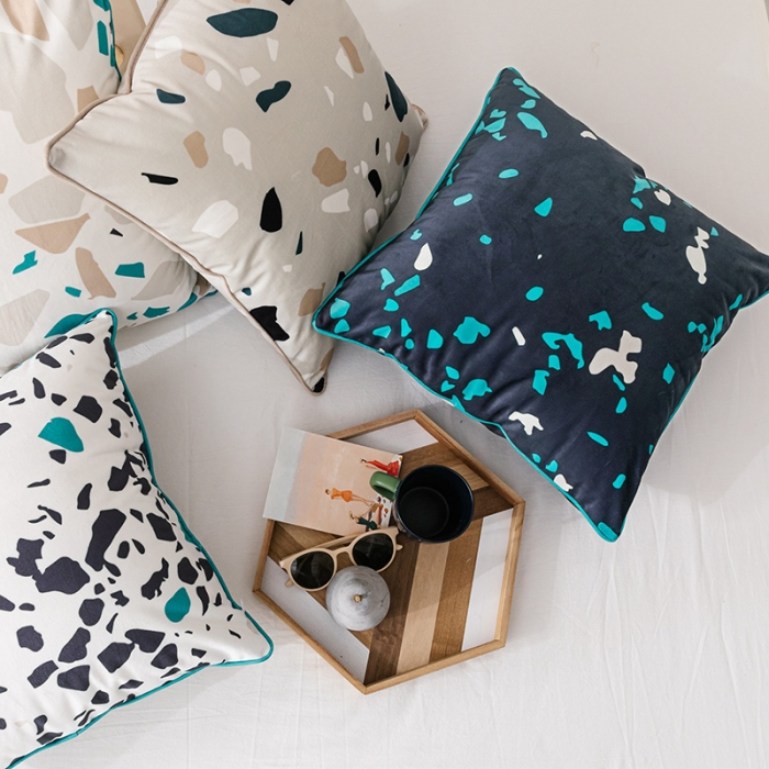 91家纺网 家纺一手货源 找家纺 美茉家居北欧水磨石印花抱枕荷兰绒数码靠垫 水磨石-黑