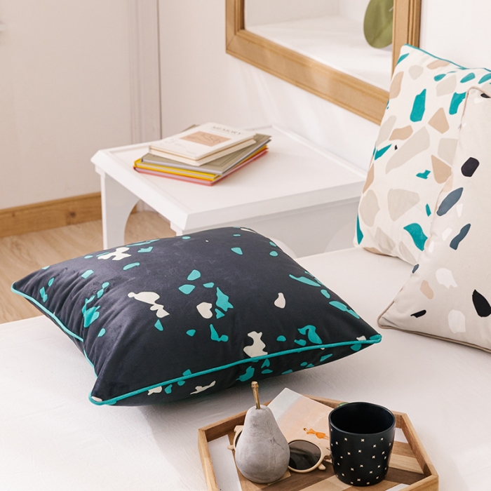 91家纺网 家纺一手货源 找家纺 美茉家居北欧水磨石印花抱枕荷兰绒数码靠垫 水磨石-黑