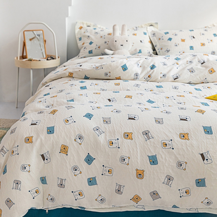 91家纺网 家纺一手货源 找家纺 2021A类全棉双层纱四件套纯棉三件套【萌熊】