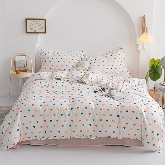 91家纺网 家纺一手货源 找家纺 2021A类全棉双层纱四件套纯棉三件套【小爱心】