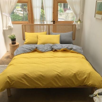 91家纺网 家纺一手货源 找家纺 雲归梦 2020新款北欧风纯色全棉四件套 潮格-黄灰