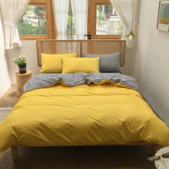 91家纺网 家纺一手货源 找家纺 雲归梦 2020新款北欧风纯色全棉四件套 潮格-黄灰