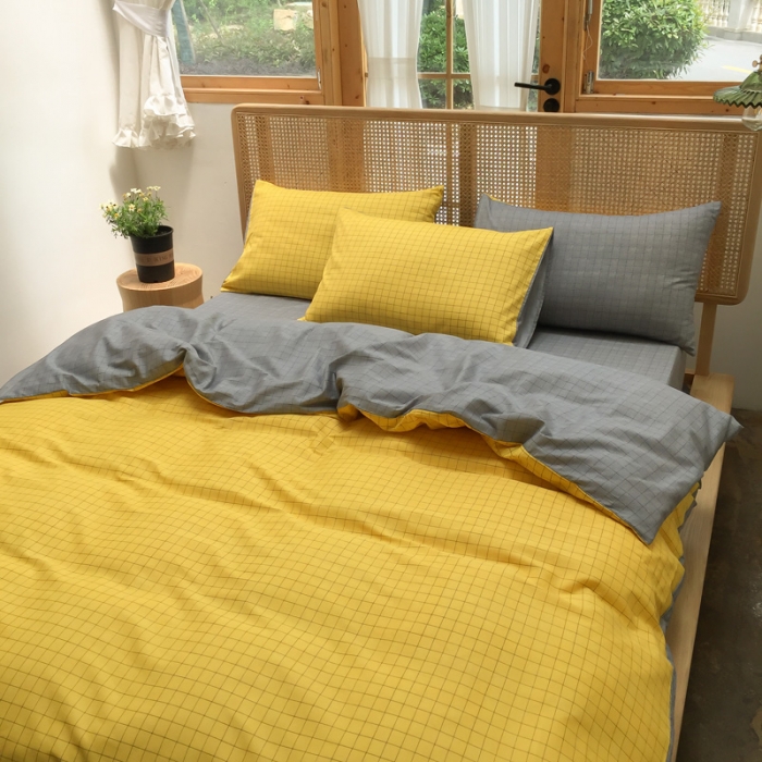 91家纺网 家纺一手货源 找家纺 雲归梦 2020新款北欧风纯色全棉四件套 潮格-黄灰