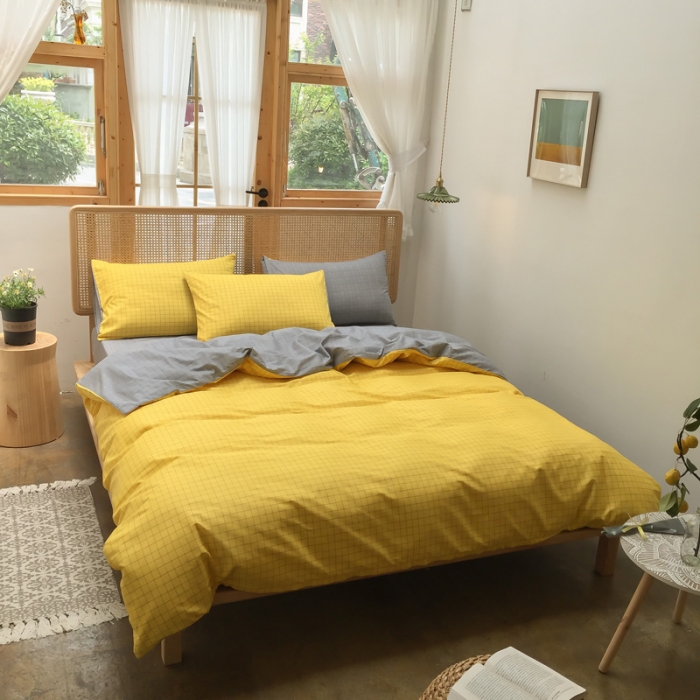 91家纺网 家纺一手货源 找家纺 雲归梦 2020新款北欧风纯色全棉四件套 潮格-黄灰