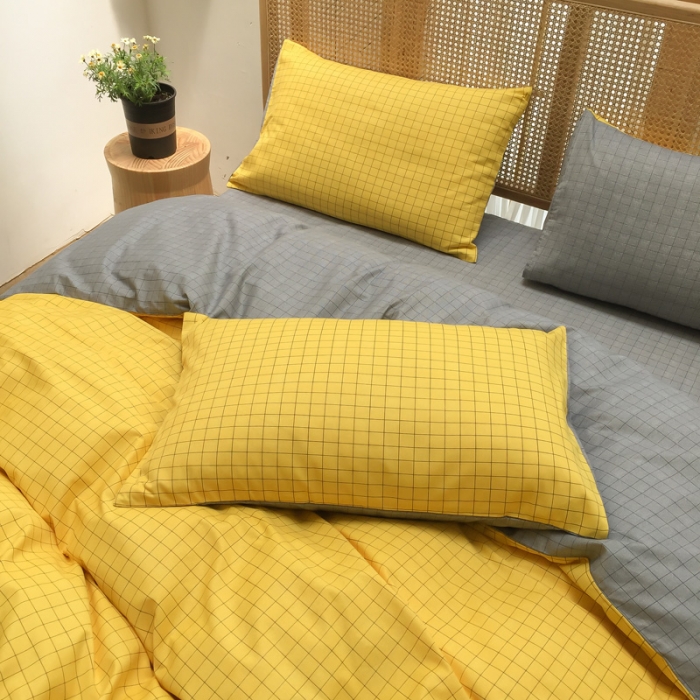 91家纺网 家纺一手货源 找家纺 雲归梦 2020新款北欧风纯色全棉四件套 潮格-黄灰