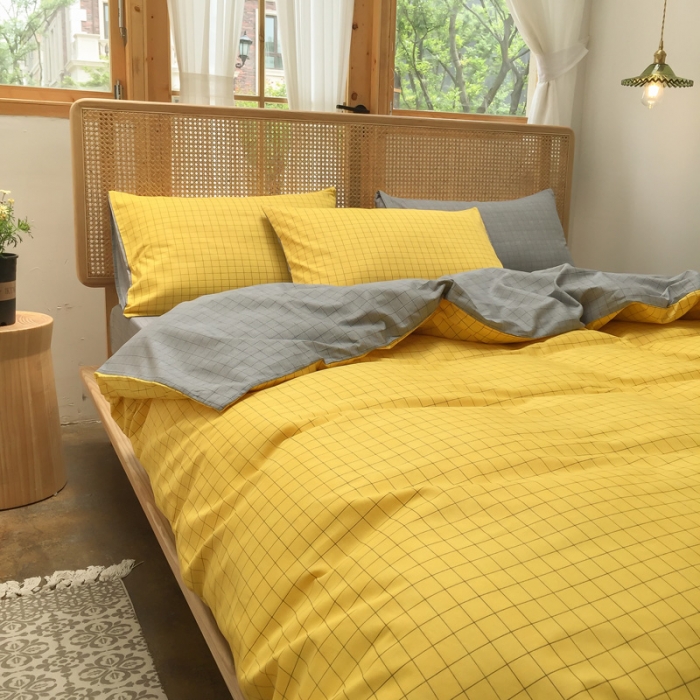 91家纺网 家纺一手货源 找家纺 雲归梦 2020新款北欧风纯色全棉四件套 潮格-黄灰