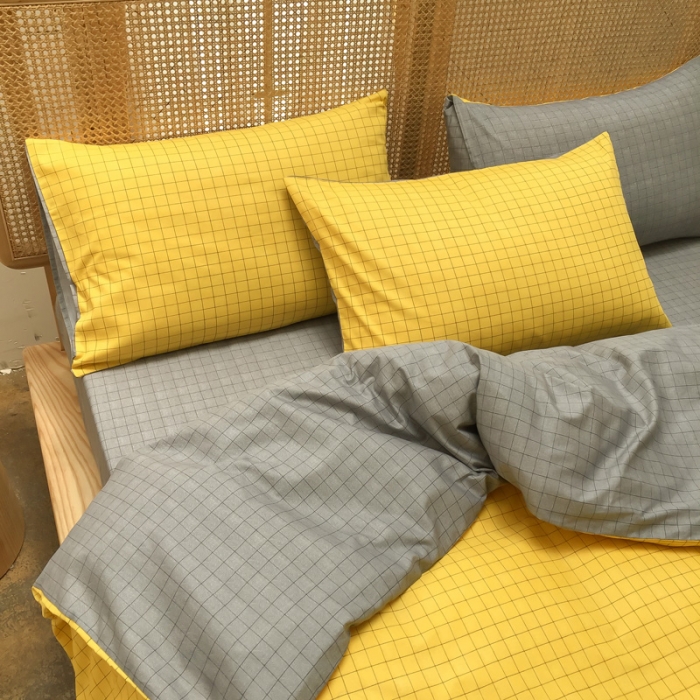 91家纺网 家纺一手货源 找家纺 雲归梦 2020新款北欧风纯色全棉四件套 潮格-黄灰