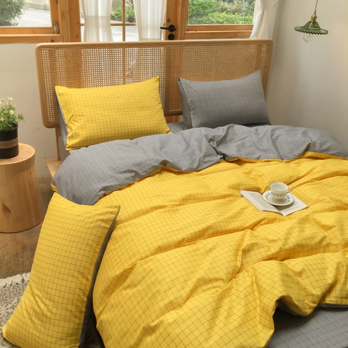 91家纺网 家纺一手货源 找家纺 雲归梦 2020新款北欧风纯色全棉四件套 潮格-黄灰