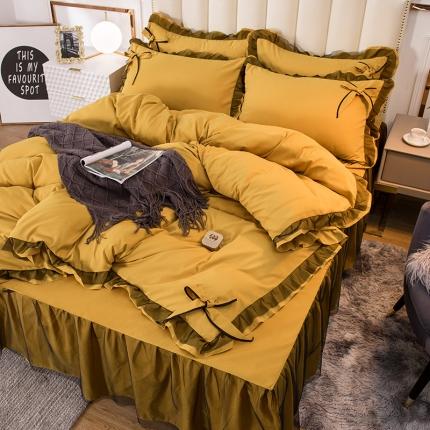 91家纺网 家纺一手货源 找家纺 金米诺 2020加厚韩版花边水洗棉磨毛四件套 姜黄