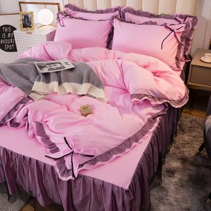 91家纺网 家纺一手货源 找家纺 金米诺 2020加厚韩版花边水洗棉磨毛四件套 少女粉