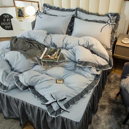 91家纺网 家纺一手货源 找家纺 金米诺 2020加厚韩版花边水洗棉磨毛四件套 清水蓝