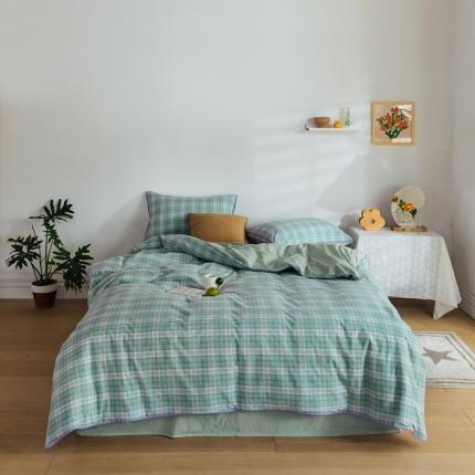 91家纺网 家纺一手货源 找家纺 棉眠2020夏季新款32支色织水洗棉四件套 大绿格