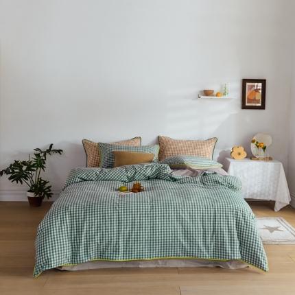 91家纺网 家纺一手货源 找家纺 棉眠2020夏季新款32支色织水洗棉四件套 小绿格