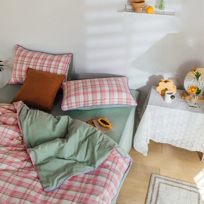 91家纺网 家纺一手货源 找家纺 棉眠2020夏季新款32支色织水洗棉四件套 大粉格