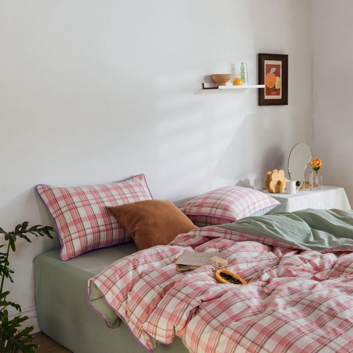 91家纺网 家纺一手货源 找家纺 棉眠2020夏季新款32支色织水洗棉四件套 大粉格