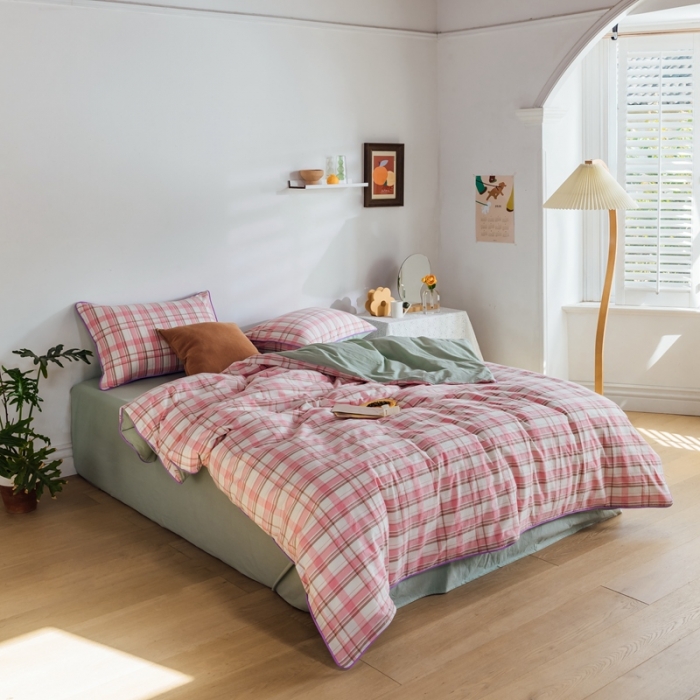 91家纺网 家纺一手货源 找家纺 棉眠2020夏季新款32支色织水洗棉四件套 大粉格