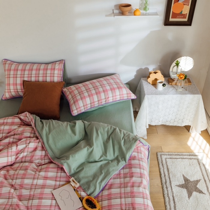 91家纺网 家纺一手货源 找家纺 棉眠2020夏季新款32支色织水洗棉四件套 大粉格