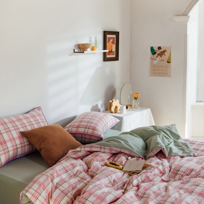 91家纺网 家纺一手货源 找家纺 棉眠2020夏季新款32支色织水洗棉四件套 大粉格