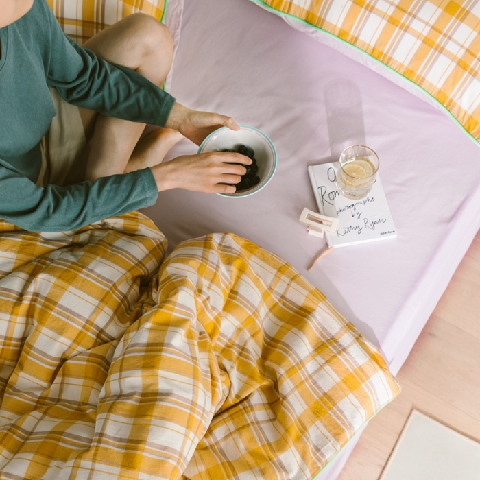 91家纺网 家纺一手货源 找家纺 棉眠2020夏季新款32支色织水洗棉四件套 大黄格