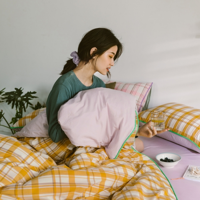 91家纺网 家纺一手货源 找家纺 棉眠2020夏季新款32支色织水洗棉四件套 大黄格