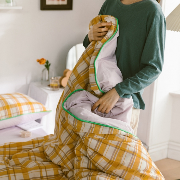 91家纺网 家纺一手货源 找家纺 棉眠2020夏季新款32支色织水洗棉四件套 大黄格