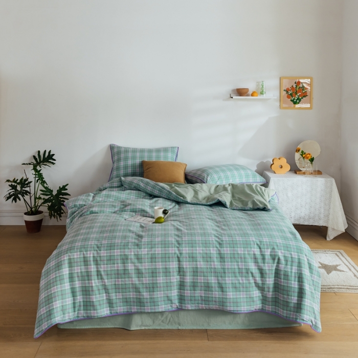 91家纺网 家纺一手货源 找家纺 棉眠2020夏季新款32支色织水洗棉四件套 大绿格