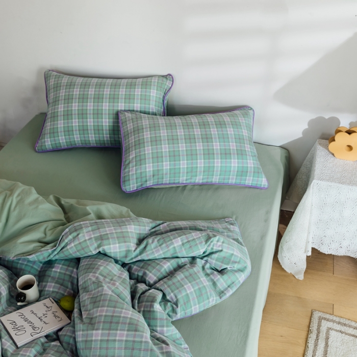 91家纺网 家纺一手货源 找家纺 棉眠2020夏季新款32支色织水洗棉四件套 大绿格