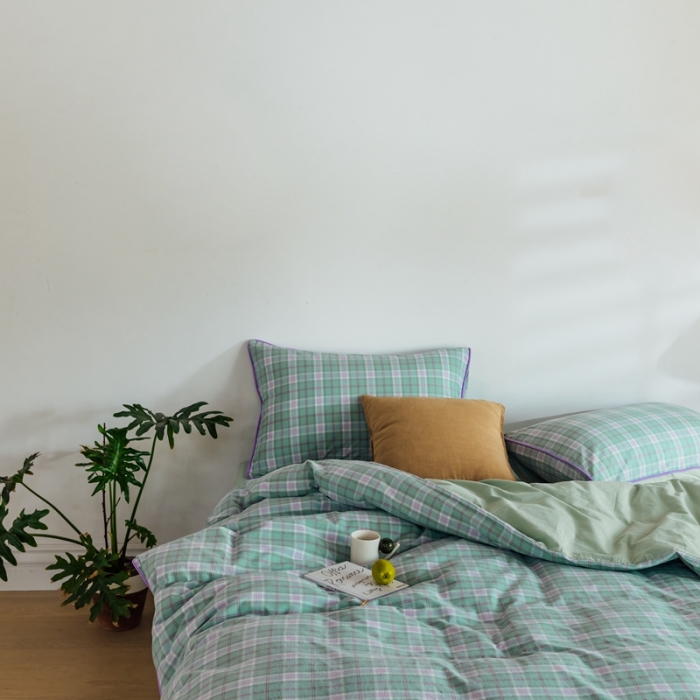 91家纺网 家纺一手货源 找家纺 棉眠2020夏季新款32支色织水洗棉四件套 大绿格