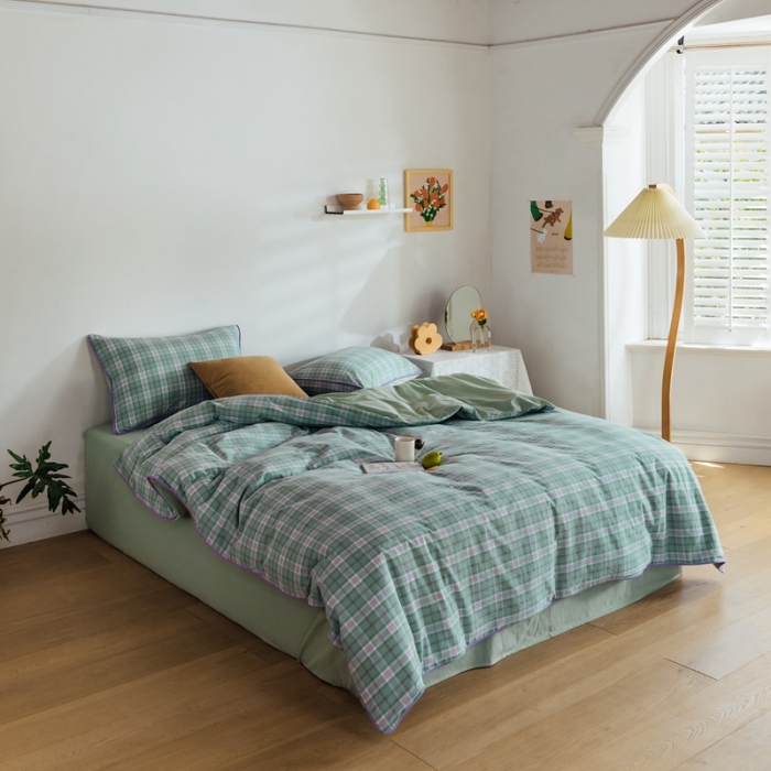 91家纺网 家纺一手货源 找家纺 棉眠2020夏季新款32支色织水洗棉四件套 大绿格