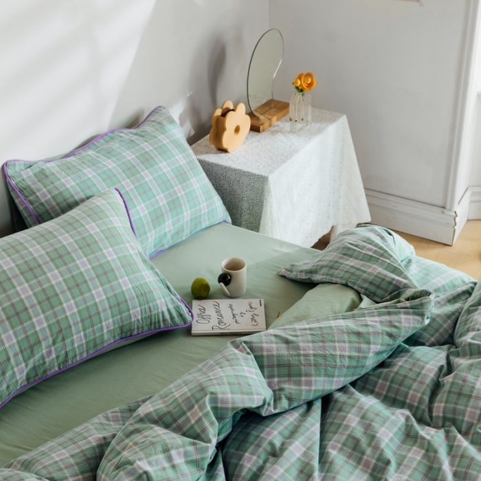 91家纺网 家纺一手货源 找家纺 棉眠2020夏季新款32支色织水洗棉四件套 大绿格