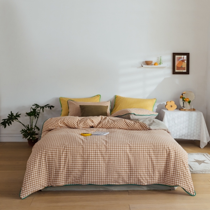 91家纺网 家纺一手货源 找家纺 棉眠2020夏季新款32支色织水洗棉四件套 奶茶格