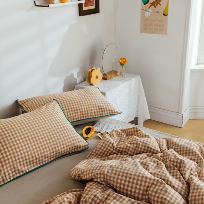 91家纺网 家纺一手货源 找家纺 棉眠2020夏季新款32支色织水洗棉四件套 奶茶格